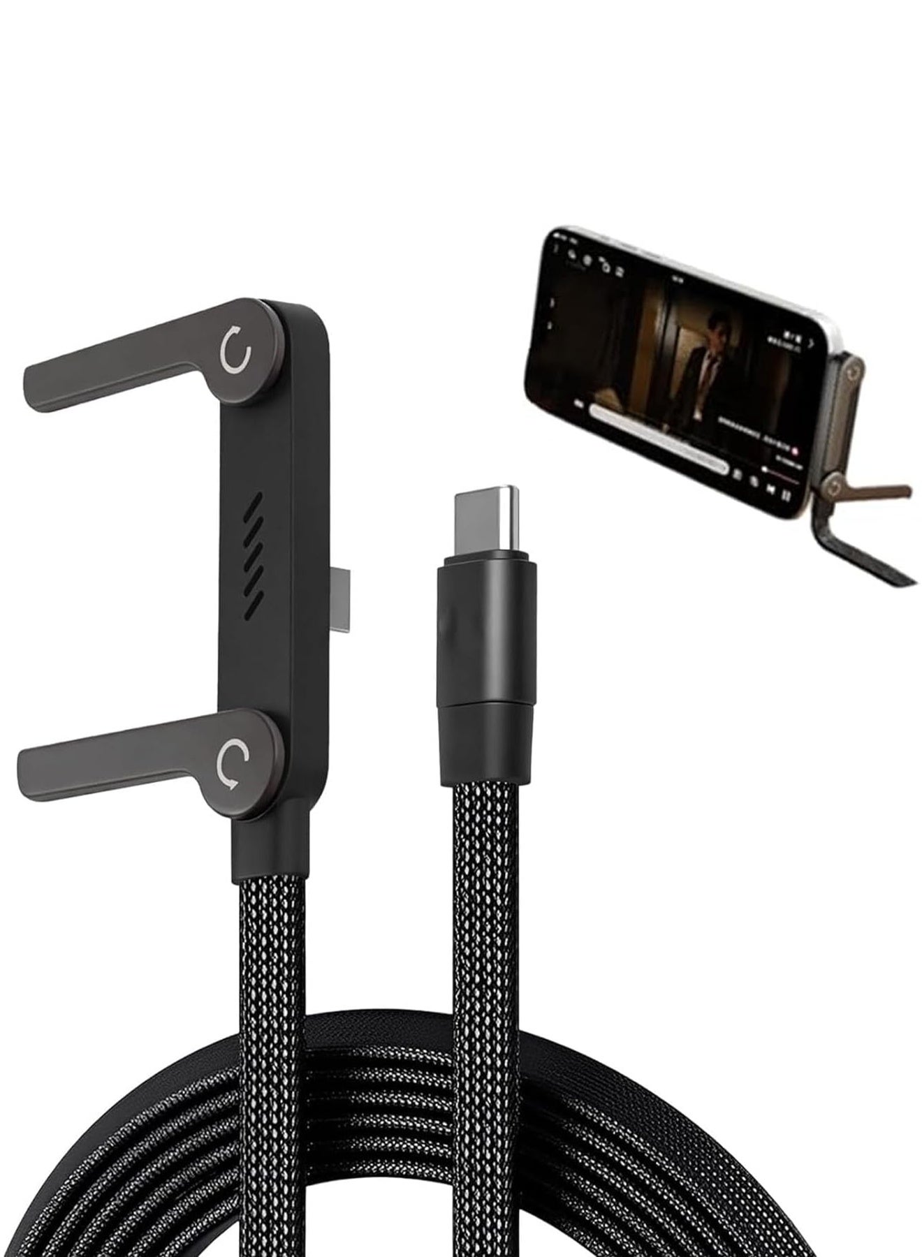 2 in 1 Invisible Stand Charger Cable, 240W Fast Charging Cable for Built-in Phone, 1.5m Braided Type C Cable with Foldable Stand for Smartphones/Tablets (Black)